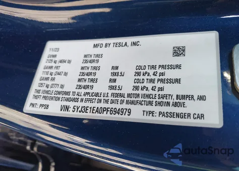 2023 Tesla Model 3 Rear-Wheel Drive z USA, uszkodzony, nr VIN 5YJ3E1EA0PF694979